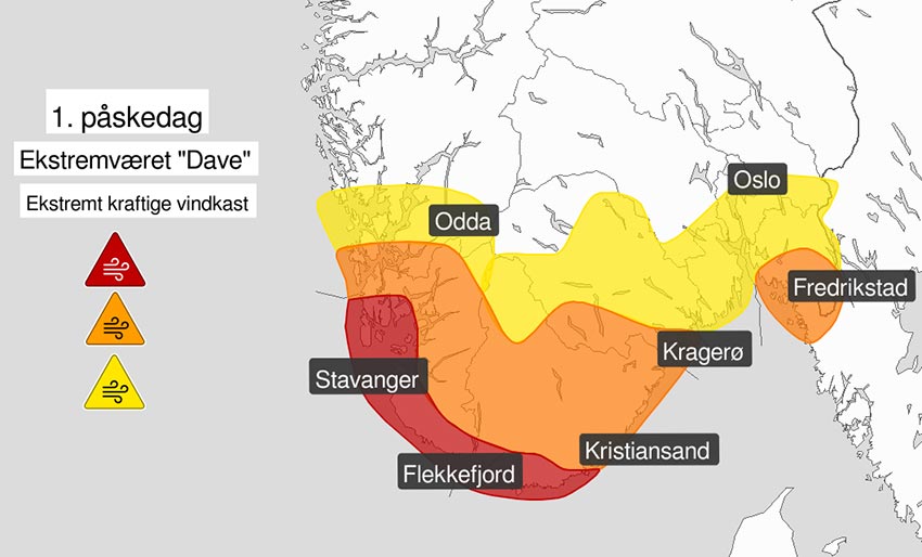 Rød farevarsel i Sør-Norge